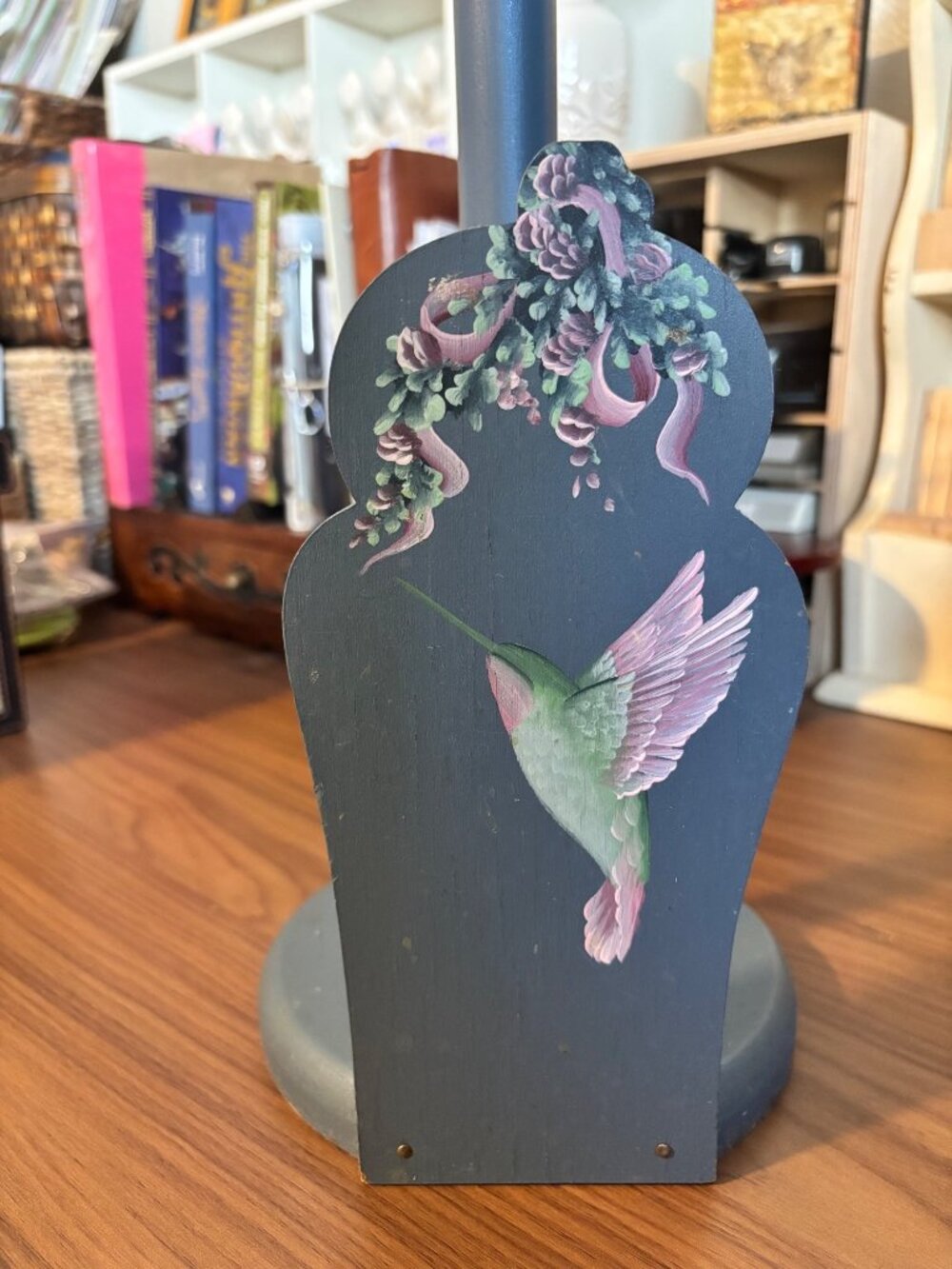 Vintage Hand Painted Blue Wooden Paper Towel Holder Hummingbird Floral Design